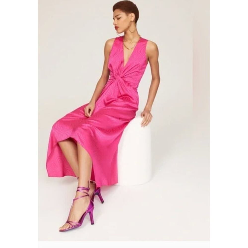Ronny Kobo Satin Dress Wavy Sleeveless V-Neck Twist Front Midi Two Tone Pink 8